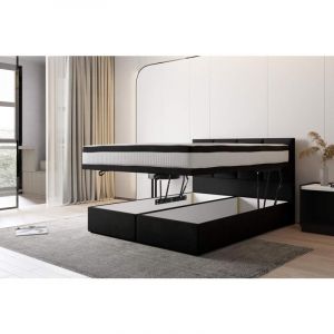Lit adulte 200x200 cm TROPEA - avec rangement et matelas ressorts ensach&eacute;s - tissu velours - noir