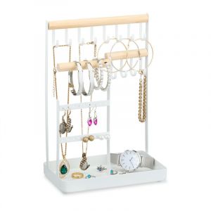 Relaxdays Porte-Bijoux, Rangement pour Colliers et Boucles, présentoir à Bijoux en Bois et métal, Blanc/Naturel