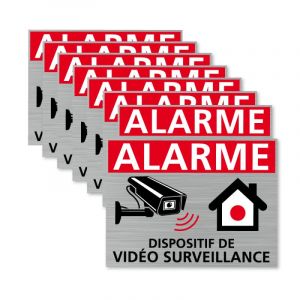 Autocollants vidéo surveillance, Dispositif Sous Vidéo Surveillance, lot de 8 adhésifs. Stickers alarme et sécurité - Argent brossé - 150 x 90 mm