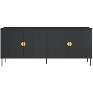 Buffet 4 portes MONDO &ndash; Noir mat, pieds m&eacute;tal et poign&eacute;es dor&eacute;es &ndash; Design moderne