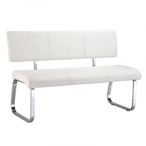 Idimex Banc design VILAS si&egrave;ge avec 3 places, banquette au pi&egrave;tement chrom&eacute; et dossier au rev&ecirc;tement synth&eacute;tique blanc
