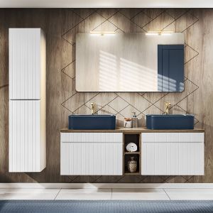 Image de SANS Ensemble meuble double vasque 140cm 2 niches et colonne Zelie Blanc Bois et Bleu