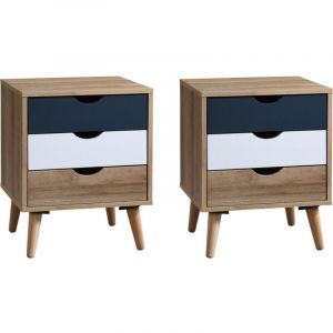 Lot de 2 tables de chevet avec 3 tiroirs - Coloris : Naturel, blanc et bleu marine - LURVIA