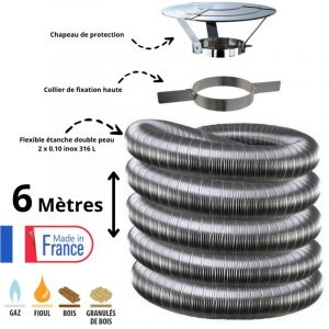 Kit tubage flexible double peau inox diam&egrave;tre 200 + collier + chapeau Edilinox Longueur du conduit 6 m&egrave;tres