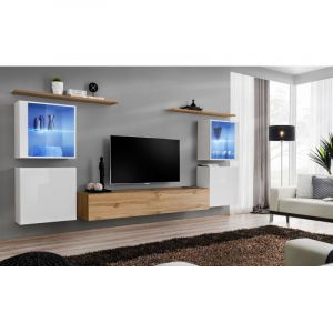 Image de Meuble TV Mural Design " XIV" 320cm Blanc & Naturel Prix