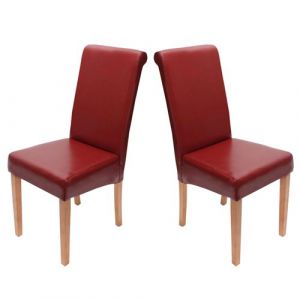 Mendler Lot de 2 chaises de s&eacute;jour Novara II, cuir, rouge/pieds clairs