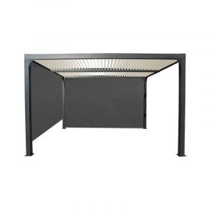 Foresta Pergola bioclimatique Habrita PER36R30RBIW en aluminium 10,80m2 toit écru ouverture manuelle avec rideau manuel coloris gris pour côté 3m et rideau