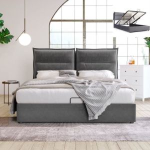 Lit double 140x200 cm avec t&ecirc;te de lit r&eacute;glable velours,lit coffre hydraulique de rangement et sommier &agrave; lattes cadre de lit,Gris