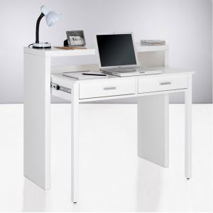 Builder Bureau extensible, table pour ordinateur, 2 tiroirs, blanc brillant