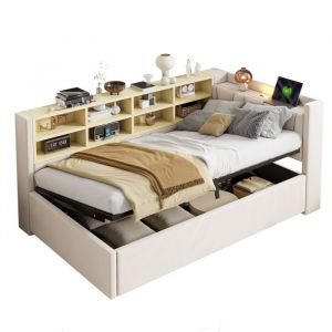 Canapé-lit rembourré 90x200 cm avec usb + Type-C, Lit simple avec veilleuse, Lit coffre, Tête de lit capitonnée, Velours, Beige