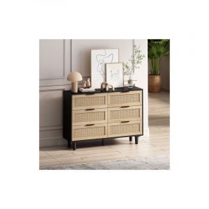 Wishdor - Commode en rotin &agrave; 6 tiroirs, pour chambre, salon, noir