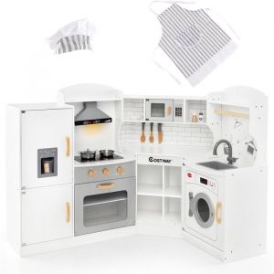 Cuisine Enfants XXL COSTWAY en Bois - 15 Accessoires, Effet Lumi&egrave;re & Sonore, Cadeaux Festifs Luxueux Blanc