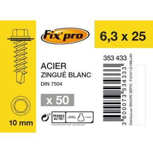 Fix'Pro Vis tête hexagonale autoforeuse + rondelle acier zingué - 6,3x25 - 50pces - Fixpro