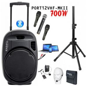 Ibiza Sound PORT12VHF-MKII 700w SYSTÈME DE SONORISATION PORTABLE AUTONOME - USB-MP3 BLUETOOTH - 4 MICROS Fil et sans fil VHF - Pa Sono Enceinte dj karaoké discours fitness