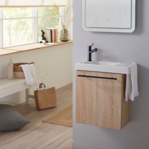 Planetebain Meuble lave mains effet bois et noir avec porte serviette pour toilette