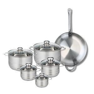 Elo 9875150 Batterie de cuisine 6 pièces, Ensemble de 1 Poêle de cuisson 32 cm et 5 faitouts 12, 14, 16, 20 et 24 cm Profi Brillant, inox, induction