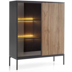 Selsey - tosena - Vitrine -2 portes avec &eacute;clairage led - Noir/Ch&ecirc;ne Wotan