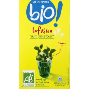 Monoprix Bio Infusion nuit paisible, oranger, certifi&eacute; agriculture Bio - La bo&icirc;te de 20 sachets fra&icirc;cheur, 30g