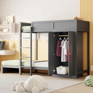 Lit superposé 90x200cm - Lit enfant 2 places avec escaliers, armoire, clôture haute, sommier à lattes - Gris
