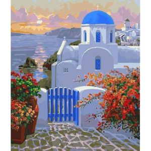 Figured'Art Peinture par Num&eacute;ro Adulte Petit Village grec - Activit&eacute; Manuelle Kit de Loisir Cr&eacute;atif DIY Num&eacute;ro d'Art Complet - 40x50cm sans ch&acirc;ssis en bois