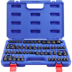 Jeu de 60 Douilles Torx, Torx Int&eacute;rieur et Ext&eacute;rieur 1/4', 3/8' et 1/2', Coffret Douilles en Acier S2, T6-T70, TT6-TT70, TP8-TP60, E4-E24, Acier