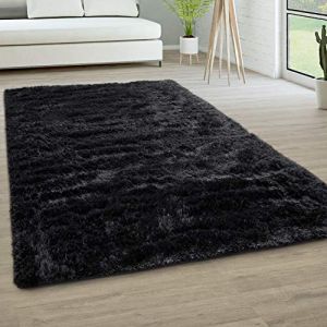 Tapis De Salon Poils Longs Fausse Fourrure Shaggy Moelleux Monochrome, Dimension:160x220 cm, Couleur:Noir