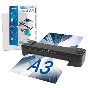 Waytex Plastifieuse A3 A4 A5 A6 A7 Pro Ultra Rapide à Chaud et à Froid jusqu’à 2x150 microns Température Réglable pour Usage Professionnel Intensif Pack avec 100 Pochettes A4