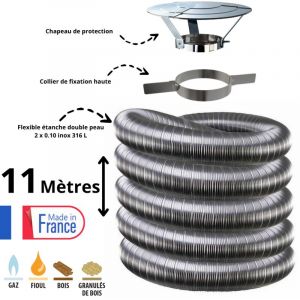 Kit tubage flexible double peau inox diam&egrave;tre 130 + collier + chapeau Edilinox Longueur du conduit 11 m&egrave;tres