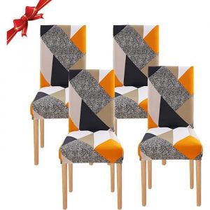 MARSEE Lot de 4 Housse de Chaise Extensible - Salle à Manger - Bi-élastique - Moderne 4 GéOMéTRIE ORANGE