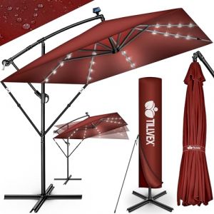 Tillvex Parasol déporté Rectangulaire Ø 330 cm + Housse de Protection & contre le vent Rouge - avec LED