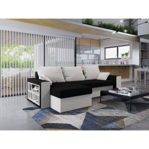 Meublesline Canapé d'angle convertible jorkia – avec étagère intégrée Noir et Blanc