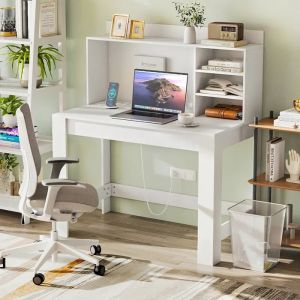 Image de Costway Bureau Moderne Avec &Eacute;tag&egrave;res De Rangement Prises &Eacute;lectriques Et Passe-C&acirc;bles 108 X 60 X 125 Cm, Blanc