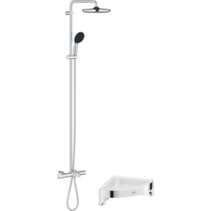 Grohe Colonne bain douche thermostatique Vitalio Start System chrom&eacute; + Tablette de douche d'angle Start Cube