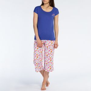 Ensemble Pyjama Femme Corsaire - Haut uni et bas imprimé bleu