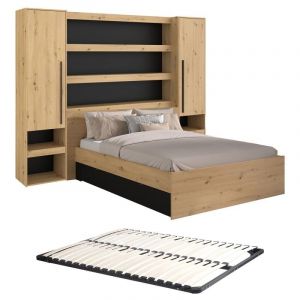 Vente-unique - Lit pont 160 x 200 cm avec rangements - Avec LEDs - Coloris : Naturel et noir + Sommier - varly