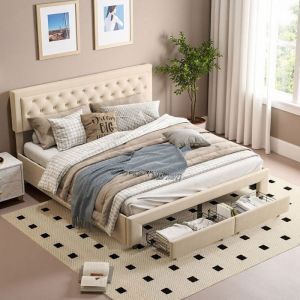 Lit coffre 180x200 cm - tissu en velours - 2 tiroirs - sommier - lit 180x200 cm - Beige