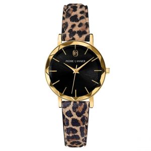 Pierre Lannier Montre Femme Multiples Doré Cadran Noir Bracelet Cuir Léopard 14 Mm