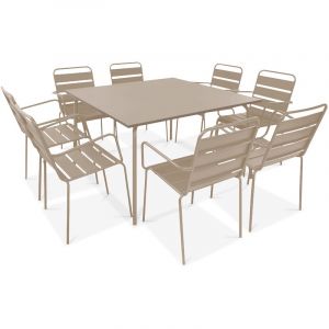 Image de Table de jardin carrée en métal beige et 8 fauteuils - Mobeventpro