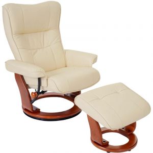Décoshop26 Fauteuil relax fauteuil tv pivotant avec repose-pieds en cuir véritable crème cadre en bois couleur miel 040007832