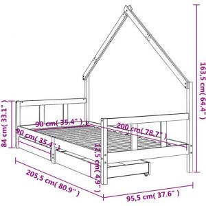 VidaXL Cadre de lit enfant avec tiroirs noir 90x200 cm bois pin massif