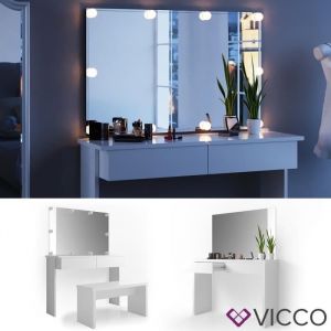 Image de Vicco - Coiffeuse "Azur" Blanc brillant avec banc et éclairage led