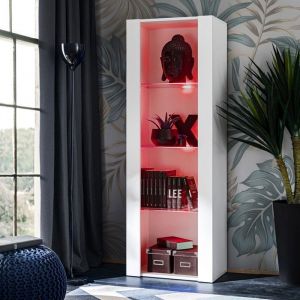 Vitrine Armoire Tivoli, Blanc/Blanc, Largeur 55cm x Hauteur 159cm x Profondeur 35cm, led rgb, 3 étagères, pour Salon, Chambre, Entrée - Komodee