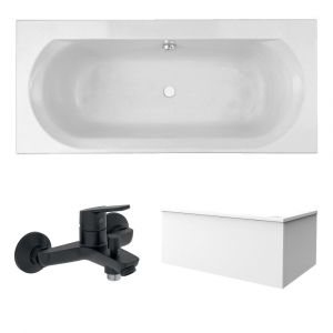 Pack baignoire droite 170 x 75 JACOB DELAFON Elise + tablier en angle + mitigeur bain douche mural Aimé noir + vidage