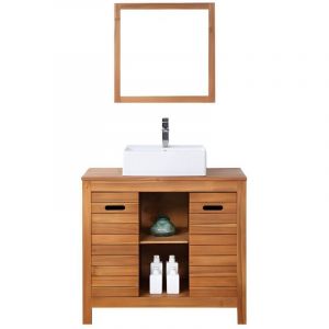 Meuble de salle de bain en bois d'acacia avec simple vasque et miroir - 90 cm - PULUKAN