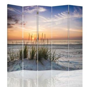 Paravent imprimé sur toile Plage Couc r de soleil 180x170 cm 5 panneaux deux faces Paysage Mer rbe Décoration d'intérieur
