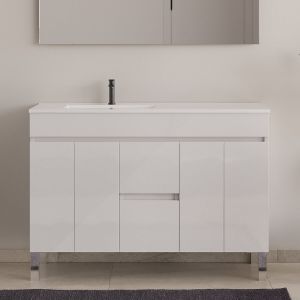 Meuble de salle de bain 120cm sur pieds avec vasque déporté - sans miroir - portes et tiroirs - cambrian (chêne clair) - HARO