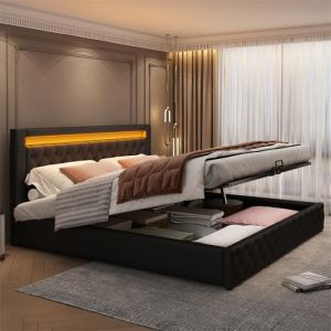 Lit Coffre LED rembourré - Lit de rangement avec sommier à lattes + tête de lit cadre de lit en PU - Noir 180 x 200 cm