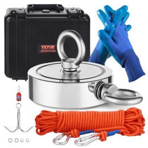 Aimant de Pêche à Double Face Force de Traction de 635 kg-VEVOR-avec Grappin, Corde, Gants, Boulon à Œil et Étui