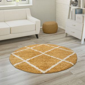 Tapis &agrave; Poils Longs, Shaggy Doux Salon Style Scandinave Avec Motif Losanges 160 cm rond, Jaune - Paco Home