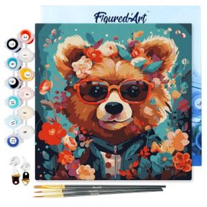 Figured'Art Mini Peinture par Numéro Adulte 20x20cm avec cadre Ourson fantaisie et fleurs - Petit Format Kit de Loisir Créatif DIY Numéro d'Art Complet